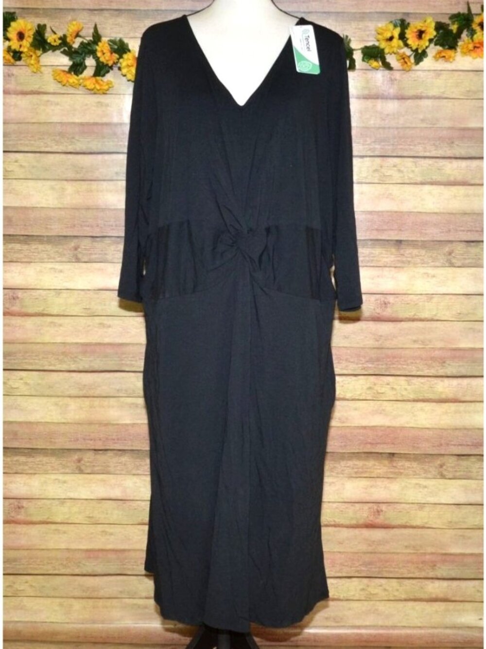 NWT Land’s End Twist Waist Midi Dress Tencel Black Plus 2X Stretch LBD V-Neck